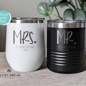 Mr. and Mrs. Personalized Name Engagement Wedding Anniversary Gift Set Polar Camel Stemless Wine Tumbler and Lowball Laser Engraved Etched