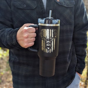 40oz Stanley Handle Mug with Straw - Outdoor Hunting American Flag Personalized Engraved Stainless Steel Travel Tumbler