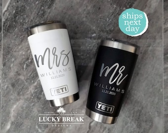 Mr. and Mrs. Yeti Tumbler Personalized Wedding Gift Set Engagement Laser Engraved Mug 20oz 30oz | SHIPS NEXT DAY!