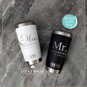 Bride and Groom Mr. and Mrs. Engagement Personalized Wedding Gift Set Yeti Tumbler Laser Engraved Etched 20oz 30oz | SHIPS NEXT DAY!