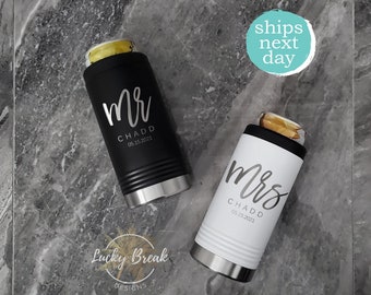 Mr. and Mrs. Slim Can Cooler Personalized Bride Groom Name Anniversary Wedding Gift Set Tumbler Laser Engraved Can Insulator