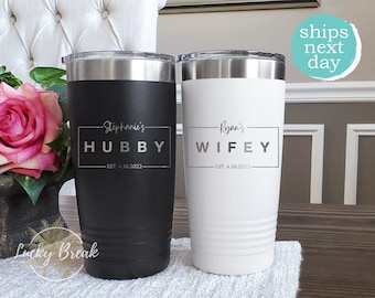 Wifey Hubby Personalized Tumbler Gift Set Personalized Bride Groom Name Anniversary Wedding Gift Laser Engraved 20oz 30oz Mug