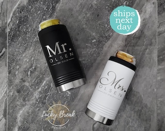 Mr. and Mrs. Slim Can Cooler Personalized Bride Groom Name Anniversary Wedding Gift Set Tumbler Laser Engraved Can Insulator