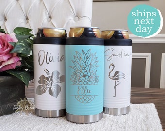 Custom Vacation Pineapple Palm Tree Slim Can Cooler Laser Engraved Personalized Name Trip Stainless Steel Tumbler Can Insulator