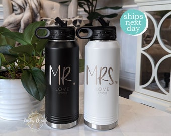 Mr. and Mrs. Bride Groom Laser Engraved Insulated Polar Camel 20oz 32oz Water Bottle Gift Set Personalized Name Wedding Anniversary Gift