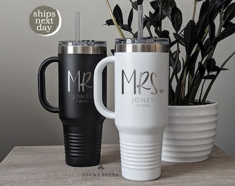 Mr. and Mrs. 40oz Travel Mug Tumbler Handle Gift Set Personalized Bride Groom Name Anniversary Wedding Gift Laser Engraved Mug