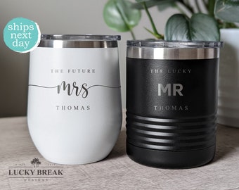Mr. and Mrs. Personalized Name Future Mrs. Engagement Wedding Gift Set Polar Camel Stemless Wine Tumbler and Lowball Laser Engraved Etched