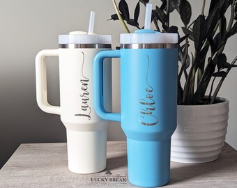 40oz Stanley Handle Mug with Straw - Personalized Name Engraved Stainless Steel Travel Tumbler
