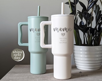 40oz Simple Modern Handle Mug with Straw - Mama Grandma Kid Names Personalized Engraved Stainless Steel Travel Tumbler | SHIPS NEXT DAY!