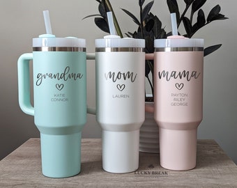 40oz Stanley Handle Mug with Straw - Mama Grandma Kid Names Personalized Engraved Stainless Steel Travel Tumbler - New Mom Mama Gift