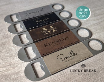 Wedding Newlywed Anniversary Gift Custom Name Personalized Laser Engraved Vegan Leather Bottle Opener Leatherette | SHIPS NEXT DAY!