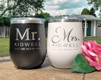 Bride and Groom Mr. and Mrs. Personalized Name Anniversary Wedding Gift Set of Two Polar Camel Stemless Wine Tumbler Laser Engraved Etched