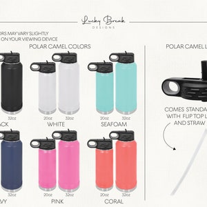 May include: A set of eight stainless steel water bottles in various colors, including black, white, seafoam, navy, pink, and coral. The bottles are available in 20 oz and 32 oz sizes. The bottles come with a standard flip top lid and straw.