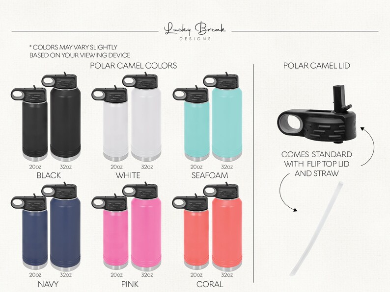 May include: A set of eight stainless steel water bottles in various colors, including black, white, seafoam, navy, pink, and coral. The bottles are available in 20 oz and 32 oz sizes. The bottles come with a standard flip top lid and straw.