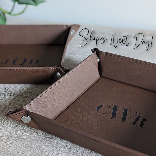 Personalized Leather Catchall Tray - Vegan Leather Valet Tray - Engraved Custom Monogram Gift | Ships Next Day!