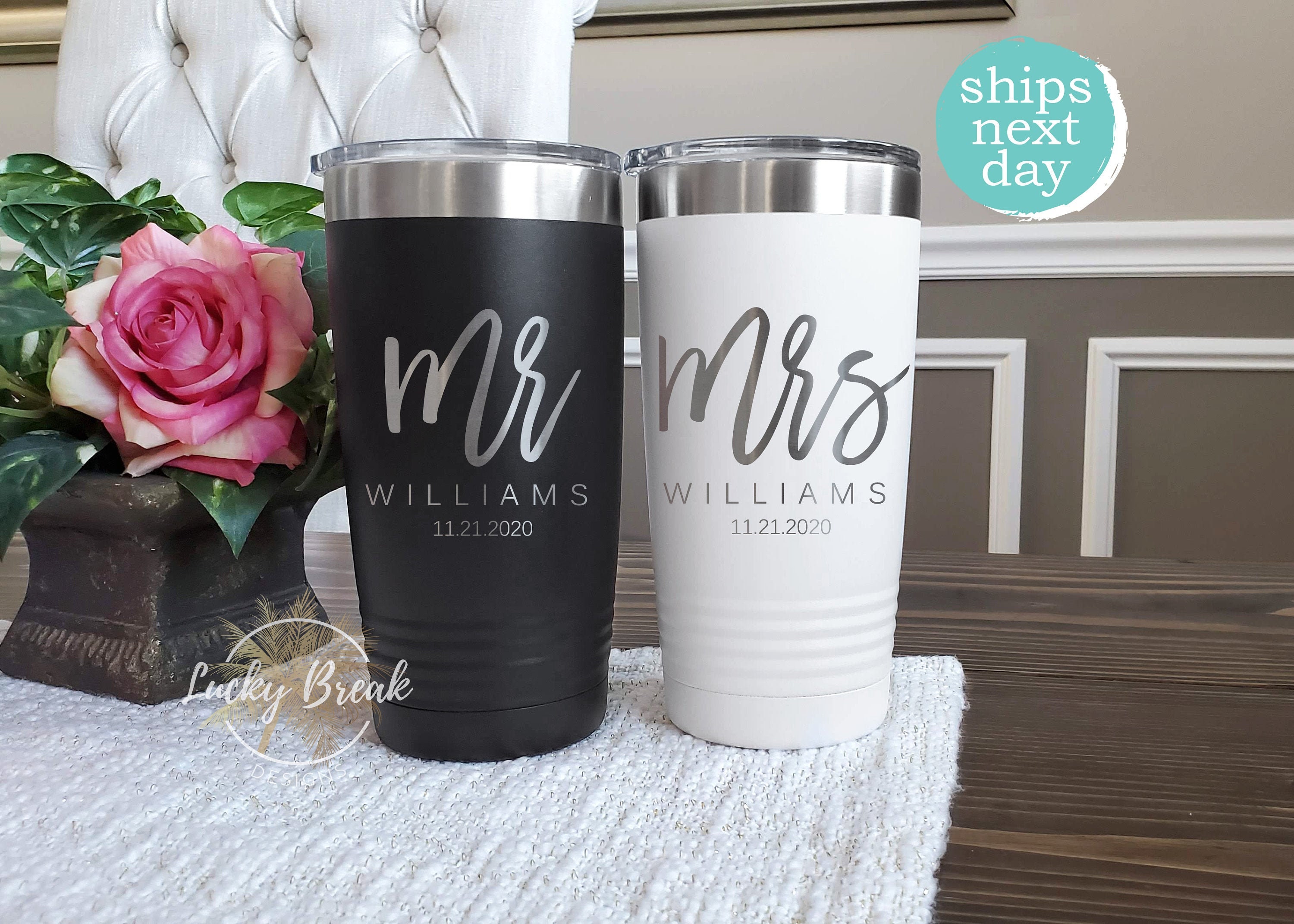 Mr. and Mrs. Travel Mug Tumbler W/ Handle Gift Set Personalized