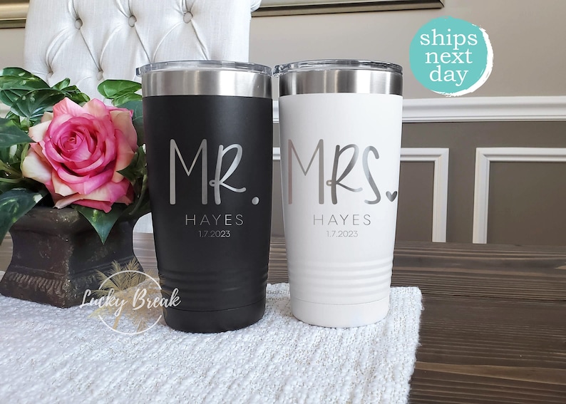 Mr. and Mrs. Tumbler Gift Set Personalized Bride Groom Name Anniversary Wedding Gift Laser Engraved 20oz 30oz Mug