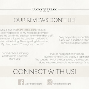 Op de afbeelding: Cr&egrave;mekleurige afbeelding met de tekst "LUCKY BREAK DESIGNS" bovenaan. Daaronder staat de tekst "OUR REVIEWS DON'T LIE!". De afbeelding bevat klantbeoordelingen en social media links.