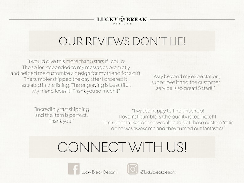 Op de afbeelding: Cr&egrave;mekleurige afbeelding met de tekst "LUCKY BREAK DESIGNS" bovenaan. Daaronder staat de tekst "OUR REVIEWS DON'T LIE!". De afbeelding bevat klantbeoordelingen en social media links.