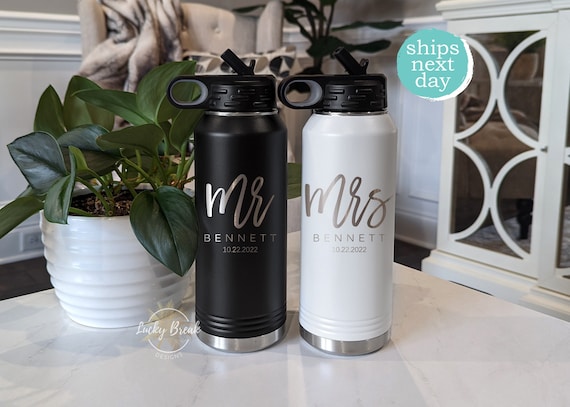 Mr. and Mrs. Bride Groom Laser Engraved Insulated Polar Camel 20oz 32oz Water Bottle Gift Set Personalized Name Wedding Anniversary Gift