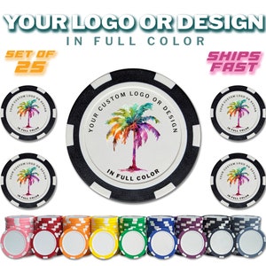 Custom Poker Chips, Personalized Logo Drink Tokens, Set of 25 Full Color Casino Chips for Corporate Tradeshow Giveaway, Golf Ball Markers