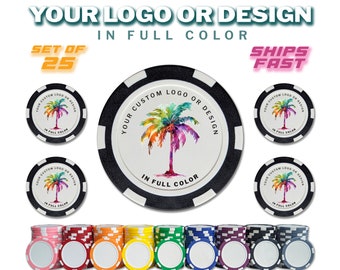 Custom Poker Chips, Personalized Logo Drink Tokens, Set of 25 Full Color Casino Chips for Corporate Tradeshow Giveaway, Golf Ball Markers