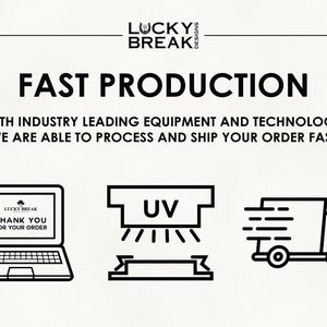 Op de afbeelding: Afbeelding met de tekst "FAST PRODUCTION" en ondersteunende tekst. Pictogrammen van een laptop met "THANK YOU FOR YOUR ORDER", een UV-machine en een bestelwagen zijn inbegrepen. Het Lucky Break Designs-logo staat bovenaan.
