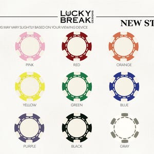 Op de afbeelding: Negen pokerchips in verschillende kleuren: roze, rood, oranje, geel, groen, blauw, paars, zwart en grijs. Elke chip heeft een wit midden en een patroonrand. De tekst "NEW STYLE" wordt weergegeven.