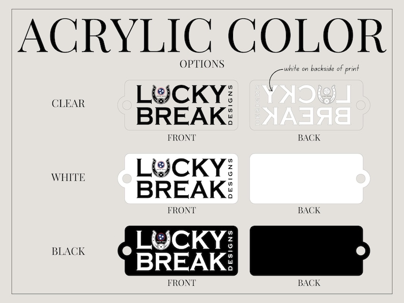 K&ouml;nnte beinhalten: Drei Acryl-Schl&uuml;sselanh&auml;nger-Rohlinge mit dem Aufdruck "Lucky Break Designs" auf der Vorderseite. Die Schl&uuml;sselanh&auml;nger sind in transparent, wei&szlig; und schwarz Acryl dargestellt.