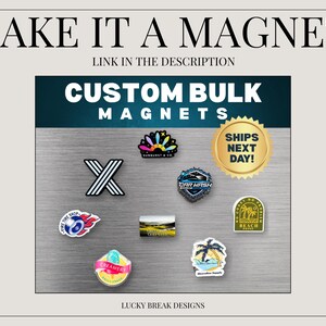 K&ouml;nnte beinhalten: Eine silberne Metalloberfl&auml;che mit neun kundenspezifischen Gro&szlig;handelsmagneten. Die Magnete sind in verschiedenen Formen und Gr&ouml;&szlig;en und mit verschiedenen Designs versehen. Der Text "CUSTOM BULK MAGNETS" befindet sich oben im Bild. Der Text "SHIPS NEXT DAY!" befindet sich in einem goldenen Stern. Der Text "LUCKY BREAK DESIGNS" befindet sich unten im Bild.