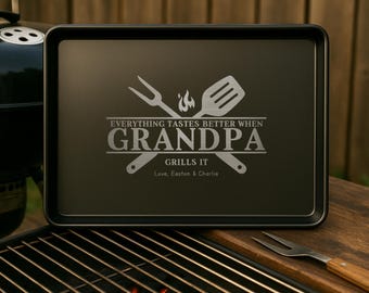 Custom Grill Pan for Grandpa or Dad | Engraved Personalized Baking Sheet | BBQ Tray Grillmaster Pitmaster | Fathers Day Birthday Gift