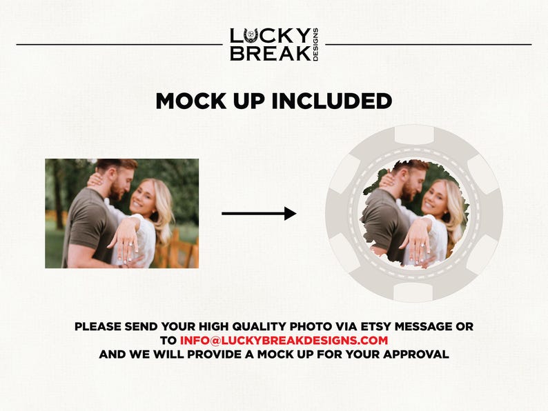 Op de afbeelding: De afbeelding toont een mock-up ontwerpservice. Het toont een foto van een stel, die overgaat in een cirkelvormig ontwerp. Tekst bevat "MOCK UP INCLUDED" en instructies om een foto te sturen voor een mock-up.