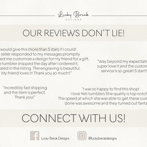 Op de afbeelding: Een witte achtergrond met de tekst "Our Reviews Don't Lie!" in zwarte tekst. De afbeelding toont klantbeoordelingen over een bedrijf dat gepersonaliseerde bekers verkoopt. De beoordelingen benadrukken de kwaliteit van de producten, de snelheid van verzending en de uitstekende klantenservice.