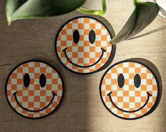 Tennessee Orange Checkered Smiley Face Leather Hat Patch, Hat Patch with Adhesive, Printed Leatherette Logo Patch, Heat Press Leather Patch