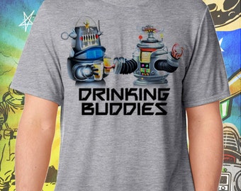 Lost in Space Shirt / B9 and Robby Robot Drinking Buddies / Men's Gray Performance T-Shirt