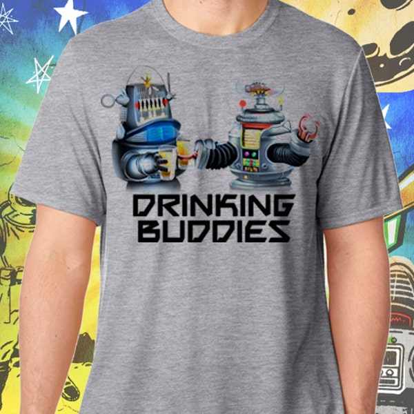 Lost in Space Shirt / B9 and Robby Robot Drinking Buddies / Men's Gray Performance T-Shirt