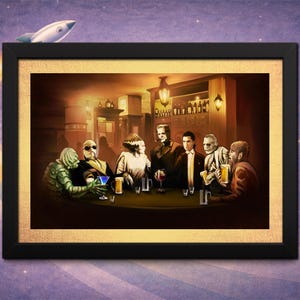 Framed Monster Happy Hour Horror Print: Classic Sci-Fi Collectible