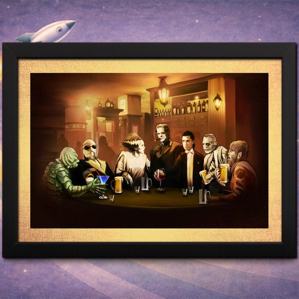 Framed Monster Happy Hour Horror Print: Classic Sci-Fi Collectible