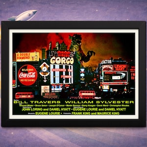 May include: A framed vintage movie poster for "Gorgo" featuring a cityscape with illuminated signs, including "Coca-Cola" and "Lemon Hart." The poster has a black frame and a rocket ship graphic in the upper left corner.