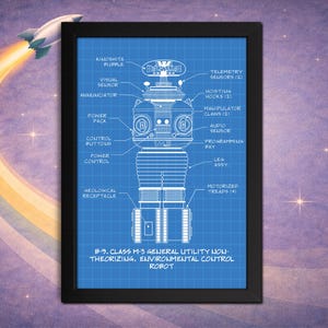 B-9 Robot Blueprint Art Print: Lost in Space Collectible, Black Wood Frame