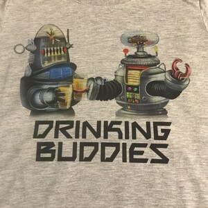 Lost in Space Shirt / B9 and Robby Robot Drinking Buddies / Men's Gray Performance T-Shirt image 2