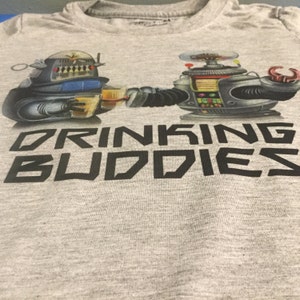 Lost in Space Shirt / B9 and Robby Robot Drinking Buddies / Men's Gray Performance T-Shirt image 3