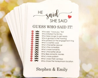 He Said She Said, Printed Game, Wedding Favor Bags, Wedding Games, Engagement Party, Rehearsal Dinner, Engagement Games, Graduation Games