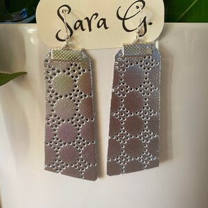 Metallic Leather Statement Earrings, Leather Metallic Jewelry, Silver Party Accessories, Retro Jewelry, Retro Earrings, Gift for Her