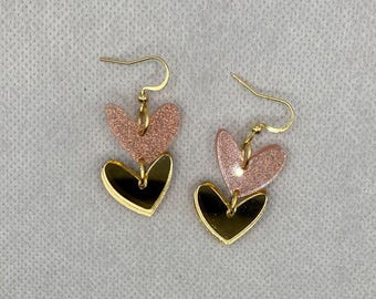 Pink and Gold Heart Earrings, Classy Hearts Dangle, Valentine's Gift for wife, Gift for Her, Valentine Earrings, Valentine Gift