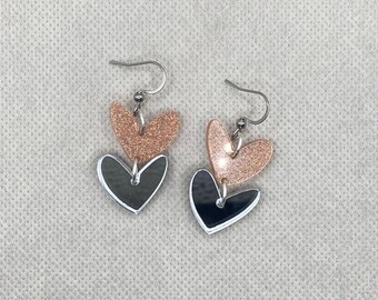 Pink and Silver Heart Earrings, Classy Hearts Dangle, Valentine's Gift for wife, Gift for Her, Valentine Earrings, Valentine Gift