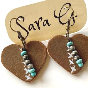 Genuine Leather Heart Shaped Earrings, Western Chic Earrings, Cowgirl Jewelry, Leather Heart Earrings with Faux Navajo Pearls