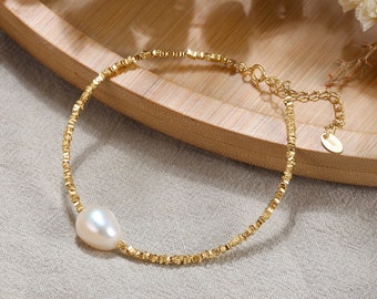 Genuine Large Freshwater Pearl 18k Gold Plated Sterling Silver Bracelet!