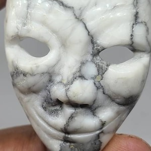 White howlite Guy fawkes Crystal Mask Carving, Drilled!