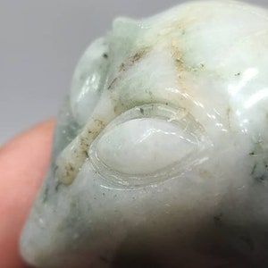 May include: A white jade carving of an alien head with a green and brown mottled pattern. The alien has a large, white eye.